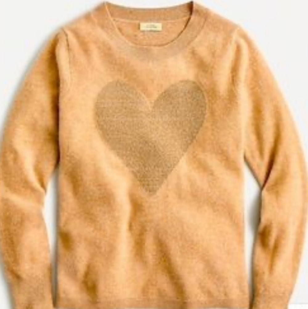 J. CREW Cashmere Crewneck Camel Sweater with Heart Detail Sz XS